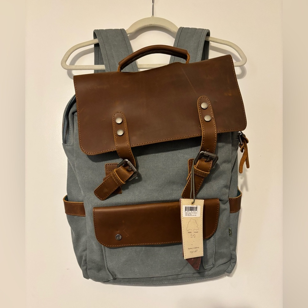 TSD Brand Valley Hill Teal Backpack cotton and leather